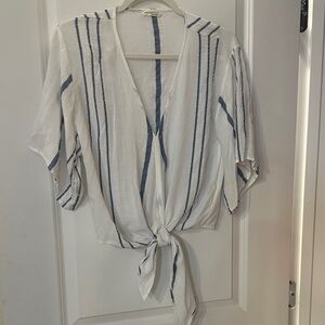 Striped Tie-Front Blouse - White and Blue